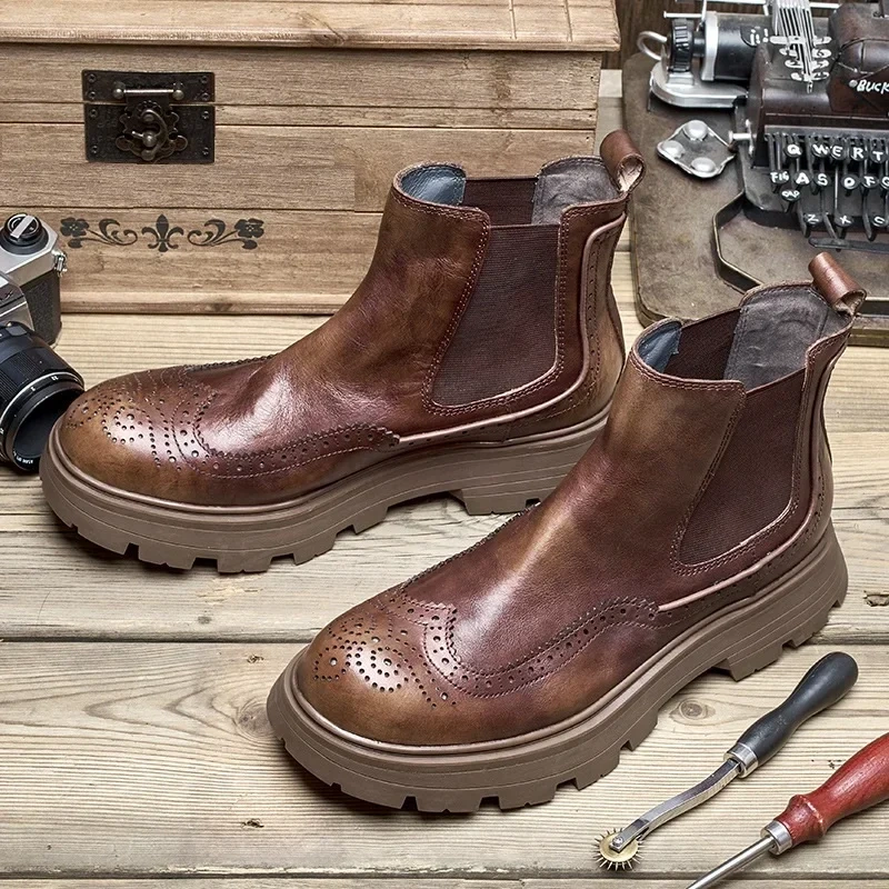 Spring Autumn New British Style Retro Chunky Bottom Platform Slip-On Genuine Leather Men Ankle Short Brogue Chelsea Boots 2307