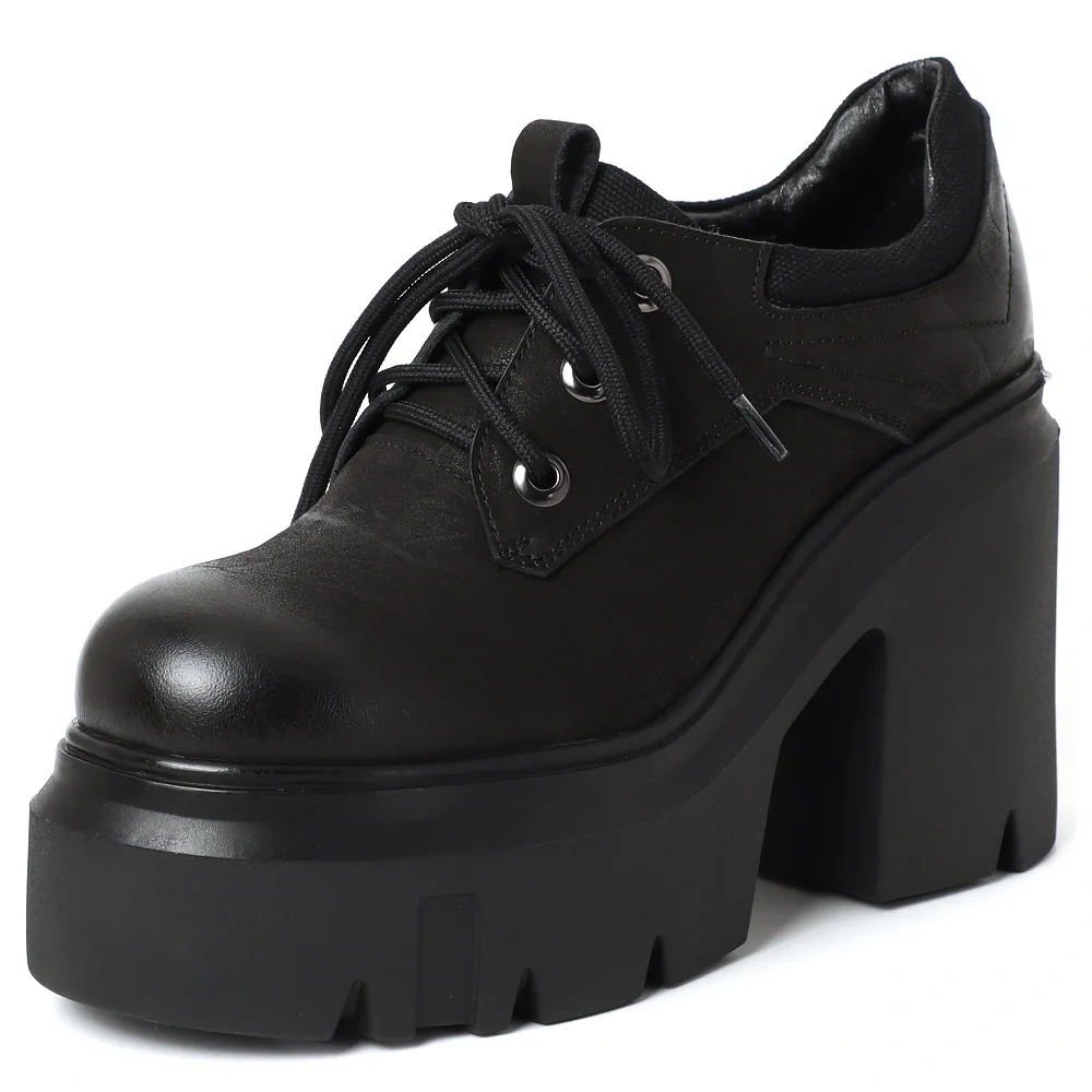 Spring Autumn New British Retro Style 12 CM Super High Heels Platform Sewing Lace-Up Genuine Leather Lace-Up Women Modern Pumps