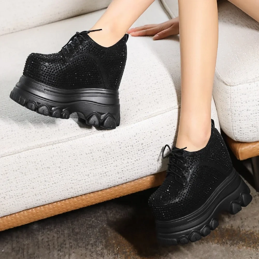 Spring Autumn New Fashion Slim Height Increasing Platform Wedges Cross-tied Crystal Bling Genuine Leather Women Modern Pumps