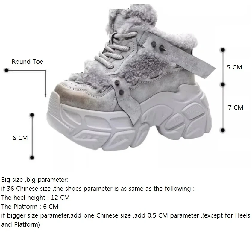 Winter New Slim 12CM Super High Heels Platform Plush Inside Rivet Lace-Up Genuine Leather Women Casual Shoes Ladies Sneakers