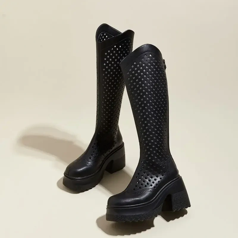 Summer New Fashion Thick High Heels Platform Cut Out Hollow Breathable Genuine Leather Women Knee-High Long Modern Boots 2304