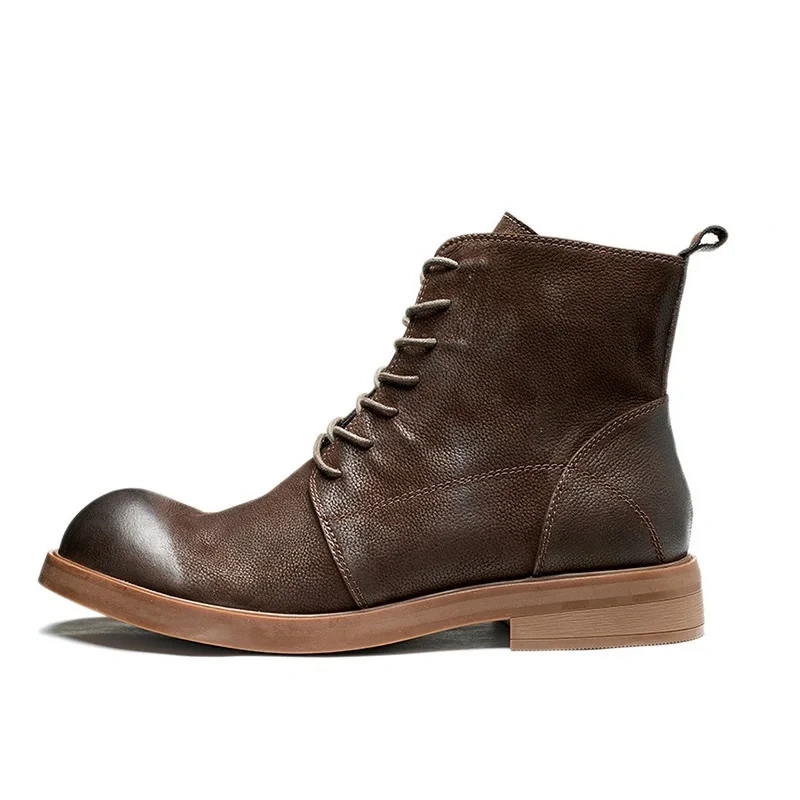 British Style New Retro Leisure Chunky Bottom Sewing Cross-tied Full Grain Leather Men Ankle High Top Motorcycle Boots 2308