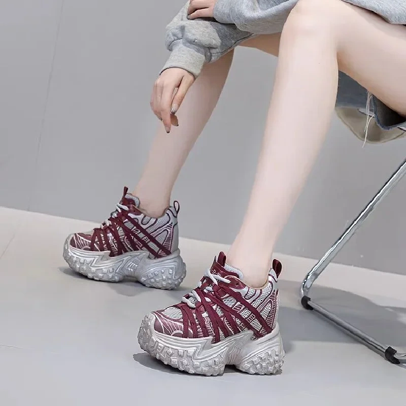 Spring Autumn New Slim Height Increasing Platform Cross-tied Mesh Patchwork Genuine Leather Women Casual Shoes Sneakers 2502