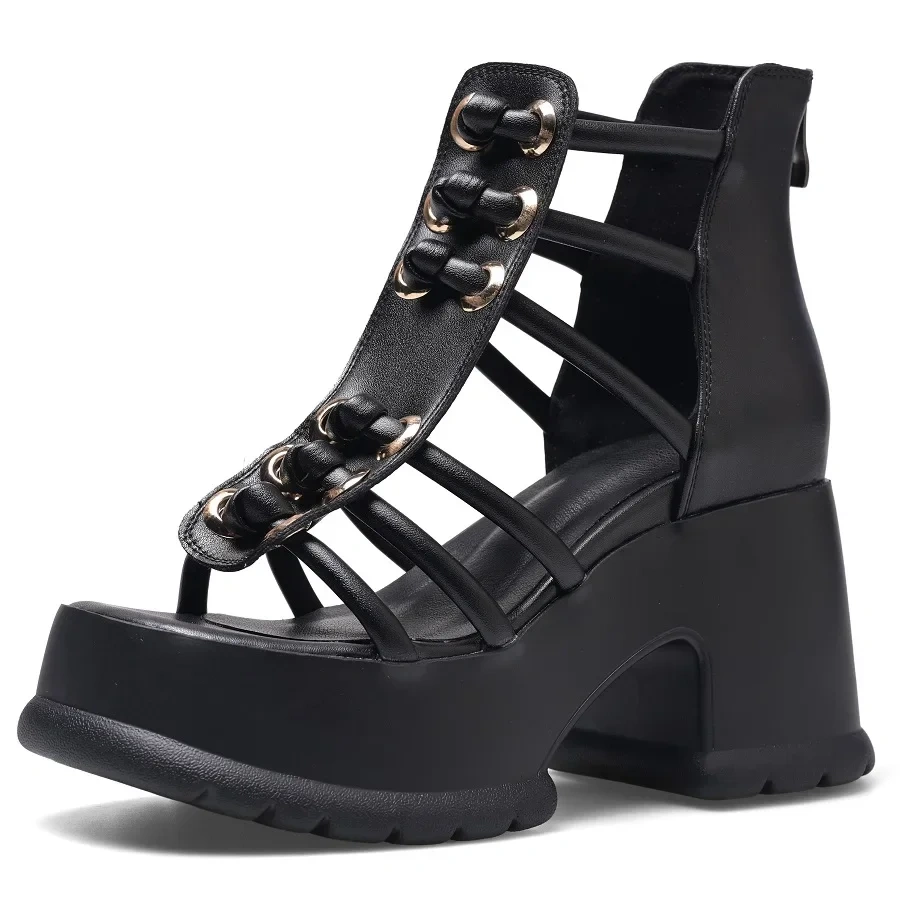 Summer New Korean Style Slim Super High Heels Peep Toe Narrow Band Bowknot Hollow Genuine Leather Women High Top Rome Sandals