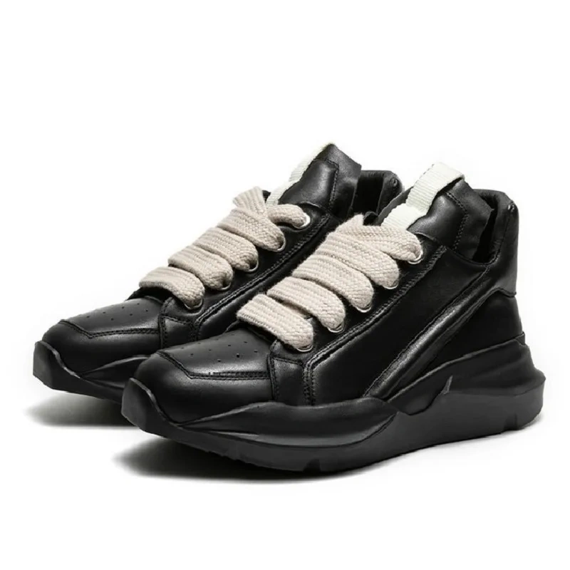 Spring Autumn New Leisure Chunky Bottom Sewing Cross-tied Genuine Leather Men High Top Sneakers Male Casual Board Shoes 2312
