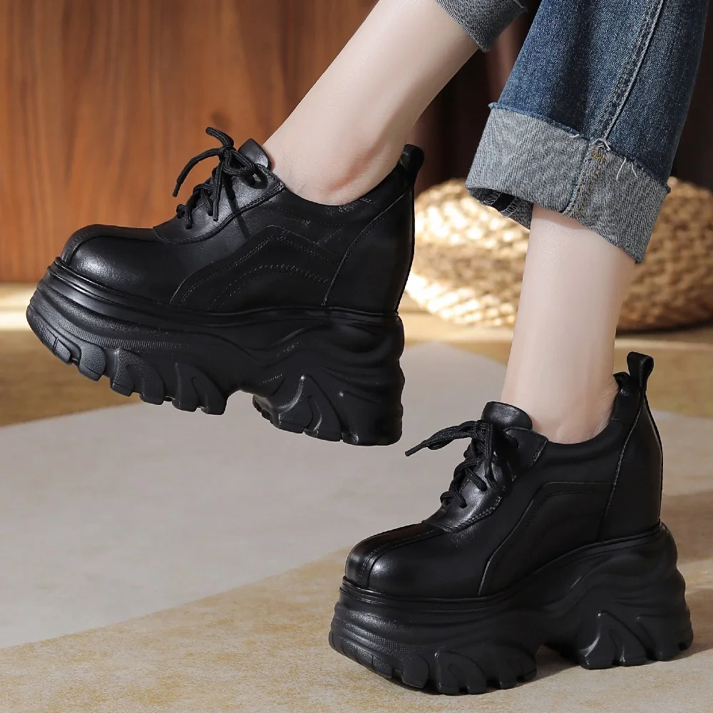 Spring Autumn New Retro Slim Height Increasing Platform Square Toe Sewing Genuine Leather Lace-Up Women Pumps Ladies Sneakers