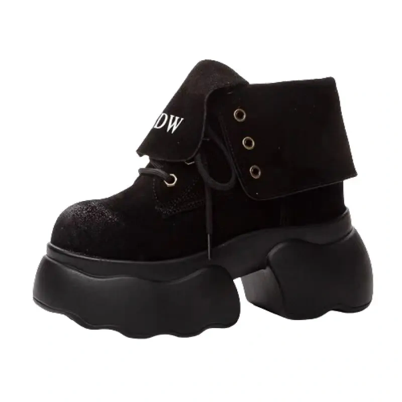 Spring Autumn New Retro Slim Height Increasing Platform Lace-Up Genuine Leather Women Ankle Short Equestrian Boots Sneakers 2409