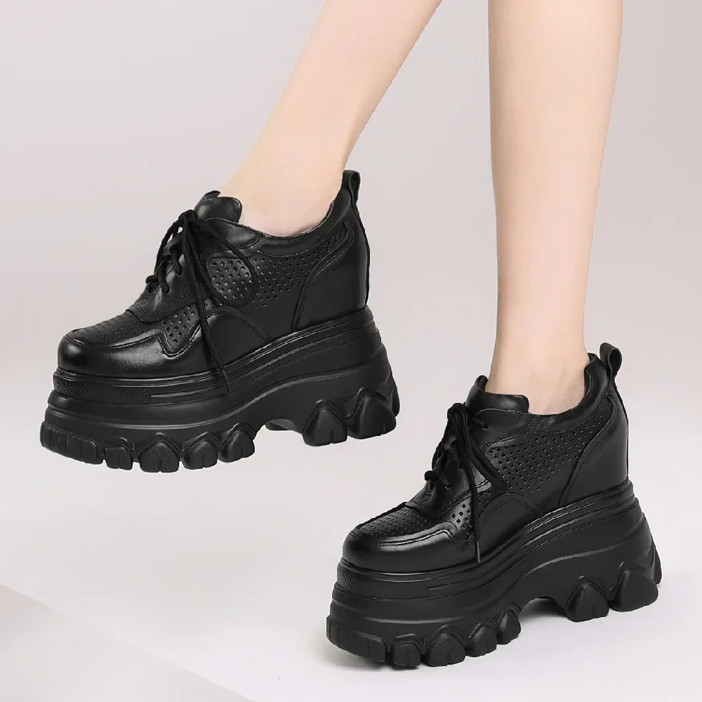 Spring Autumn New Slim 12 CM High Heels Wedges Platform Hollow Cross-tied Genuine Leather Women Casual Sneakers Shoes 2403