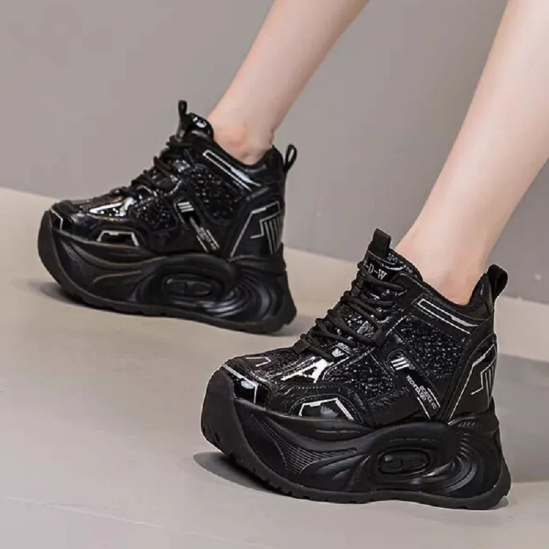 Spring Autumn New Korean Style Slim Height Internal Platform Bling Lace-Up Genuine Leather Women Casual Shoes Sneakers 2411
