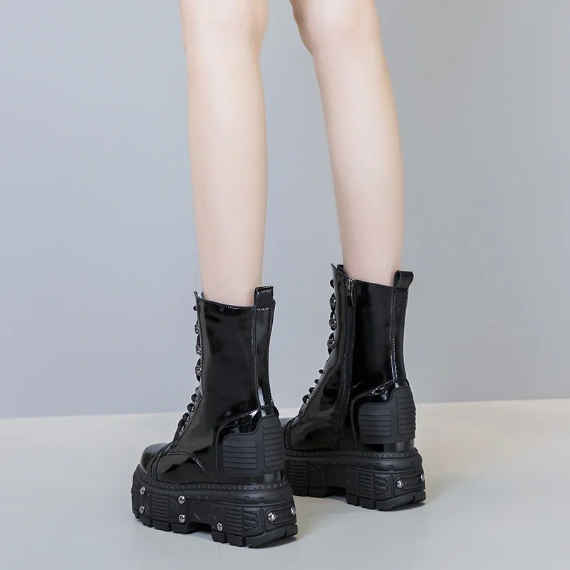Spring Autumn Winter New Slim Height Increasing Platform Cross-tied Rivet Genuine Leather Women Mid-Calf Half Equestrian Boots