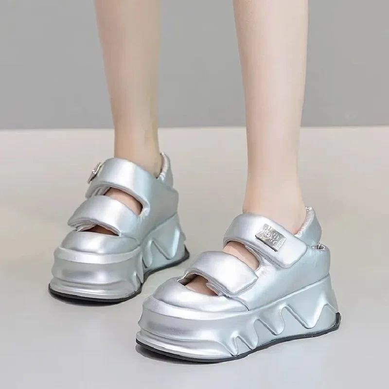 Summer New Fashion Slim Height Increasing Platform Round Toe Back Strap Wedges Genuine Leather Women Modern Rome Sandals 2405