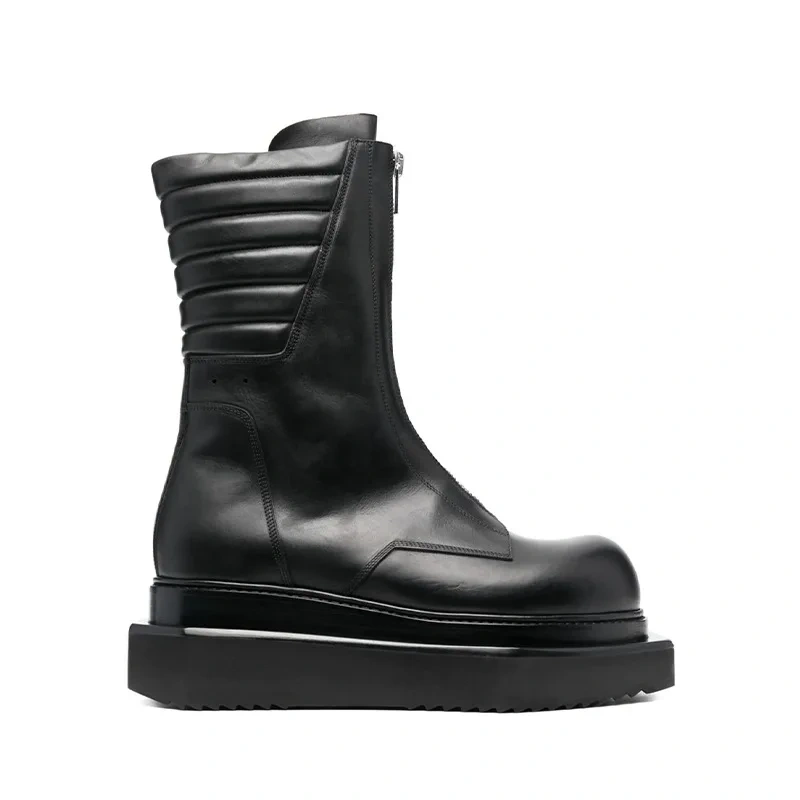 Spring Autumn New Leisure Chunky Bottom Platform Pleated Zippers Black Size 38-44 Genuine Leather Men Mid-Calf Motorcycle Boots