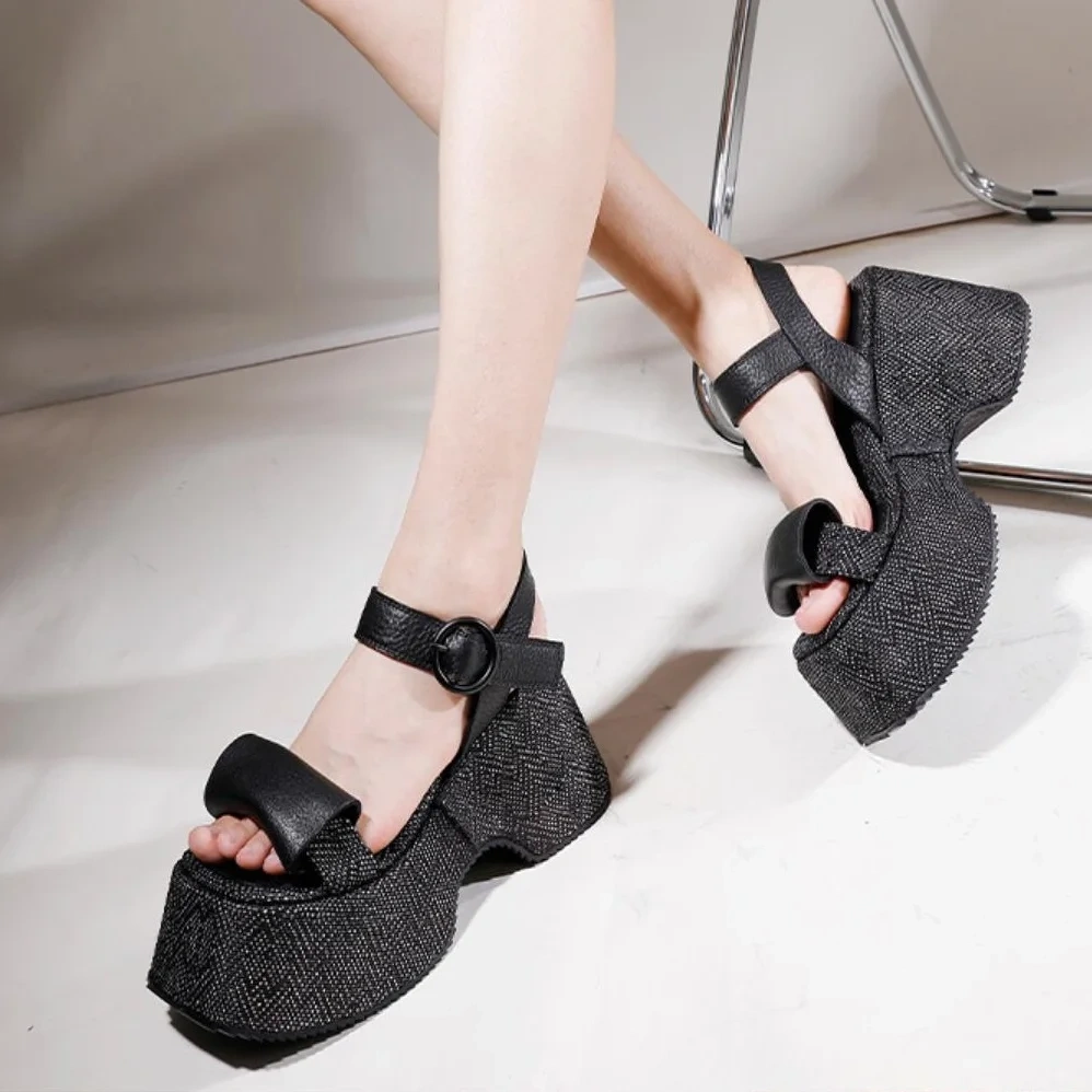 Summer New Retro 10CM High Heels Chunky Sole Peep Toe Platform Cut Out Buckle Strap Genuine Leather Women Gladiator Sandals 2407