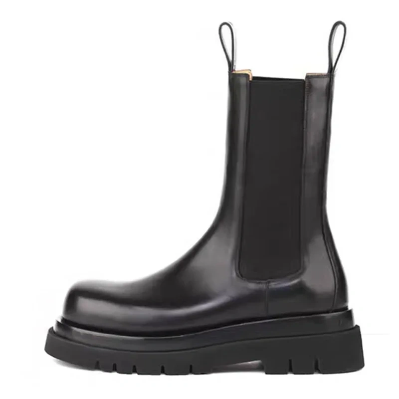 Spring Autumn New British Style Retro Chunky Bottom Platform Stretch Fabric Genuine Leather Men Mid-Calf Half Chelsea Boots 2310