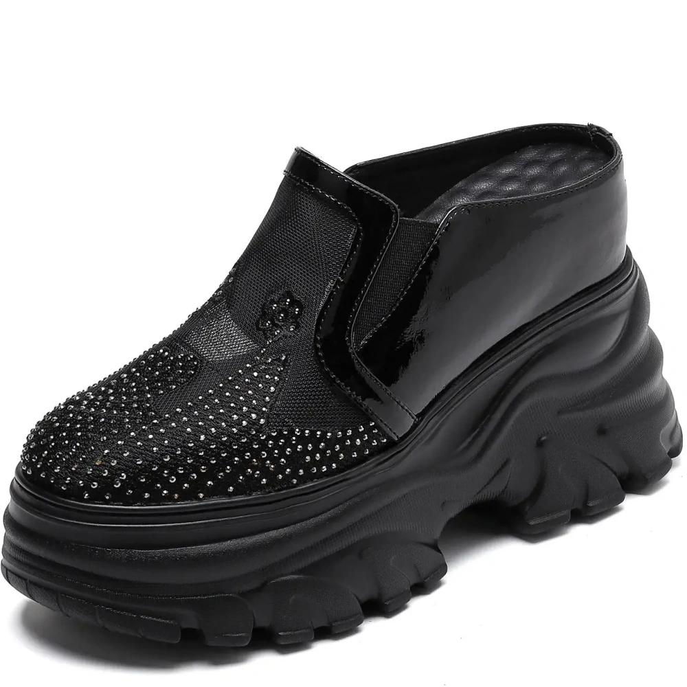 Women 12 CM Wedge Platform Spring Summer Real Leather loafers Semi Slippers Crystal Mesh Hollow Out Breathable Sandals 50221