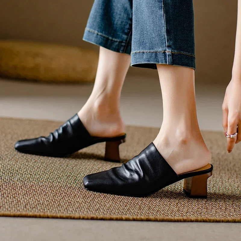 Summer New Outside Leisure Thick Heels Square Toe Sewing Cut Out Pleated Concise Genuine Leather Women Modern Slippers 230407