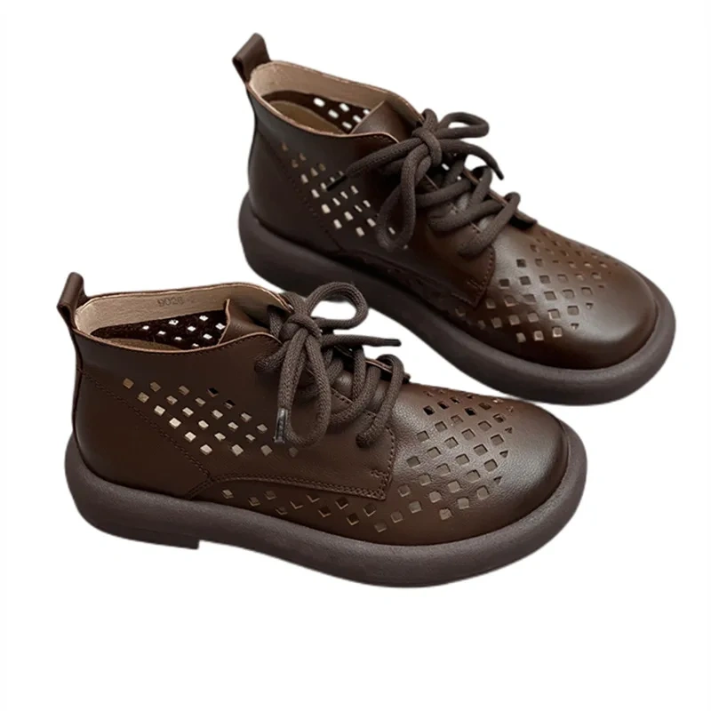 Summer New Arrival Fashion Chunky Bottom Hollow Cut Out Sewing Cross-tied Genuine Leather Women Ankle Short Modern Boots 2304