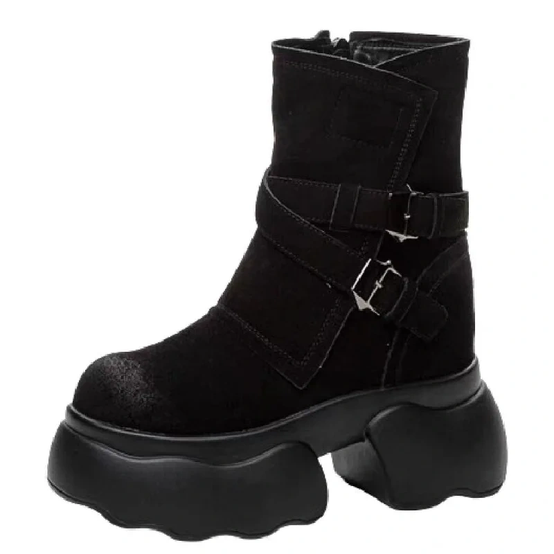 Spring Autumn New British Style Retro Height Internal Platform Belt Buckle Genuine Leather Women Ankle Short Equestrian Boots