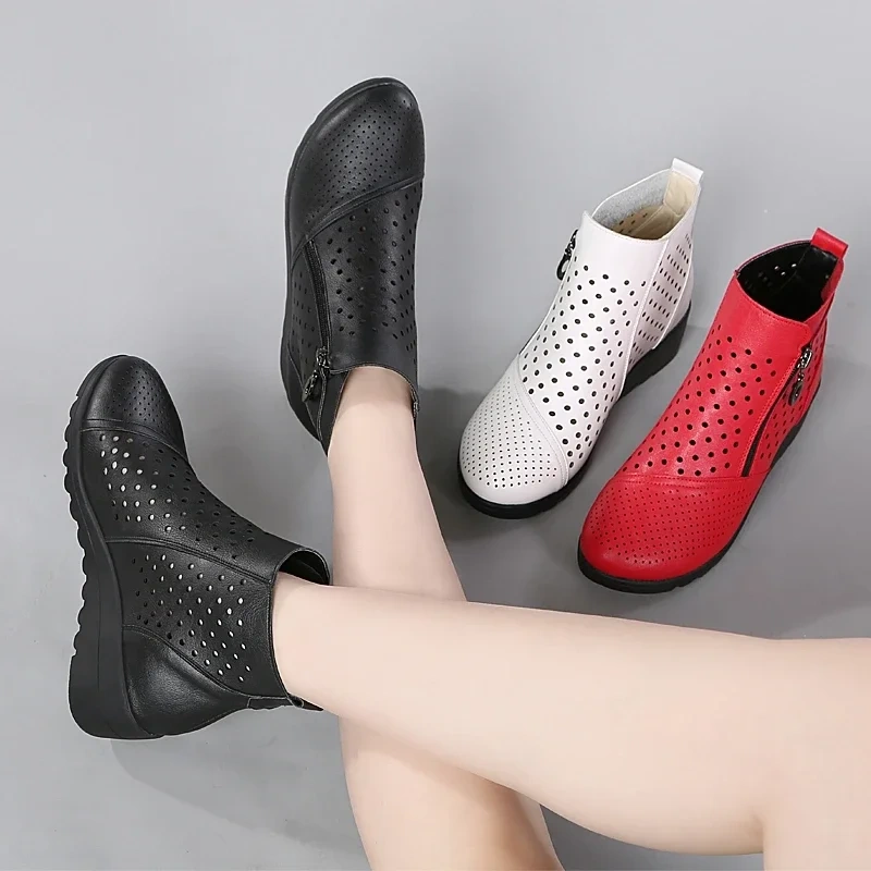 Spring Autumn Women Genuine Leather Round Toe Cut Out Wedge High Heels Shoes Thick Warm For Winter Concise Short Boots 230302