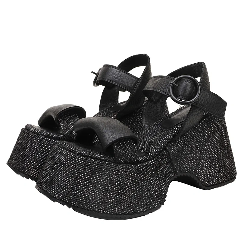 Summer New Retro 10CM High Heels Chunky Sole Peep Toe Platform Cut Out Buckle Strap Genuine Leather Women Gladiator Sandals 2407
