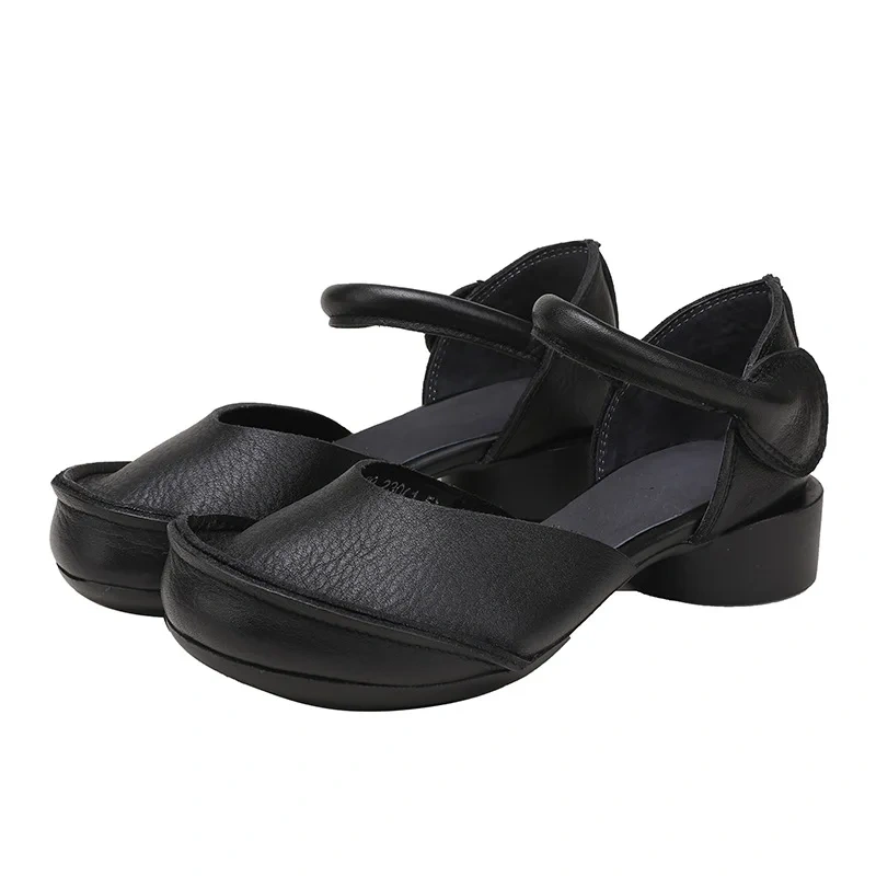 Summer New National Style Retro Thick Heels Round Toe Handmade Sewing Hollow Belt Genuine Leather Women Casual Sandals 2406
