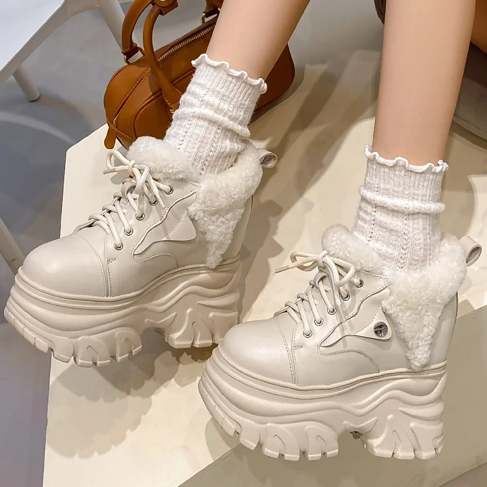 Winter New Korean Style Slim Height Increasing Platform Crystal Plush Inside Lace-Up Genuine Leather Women Casual Shoes Sneakers