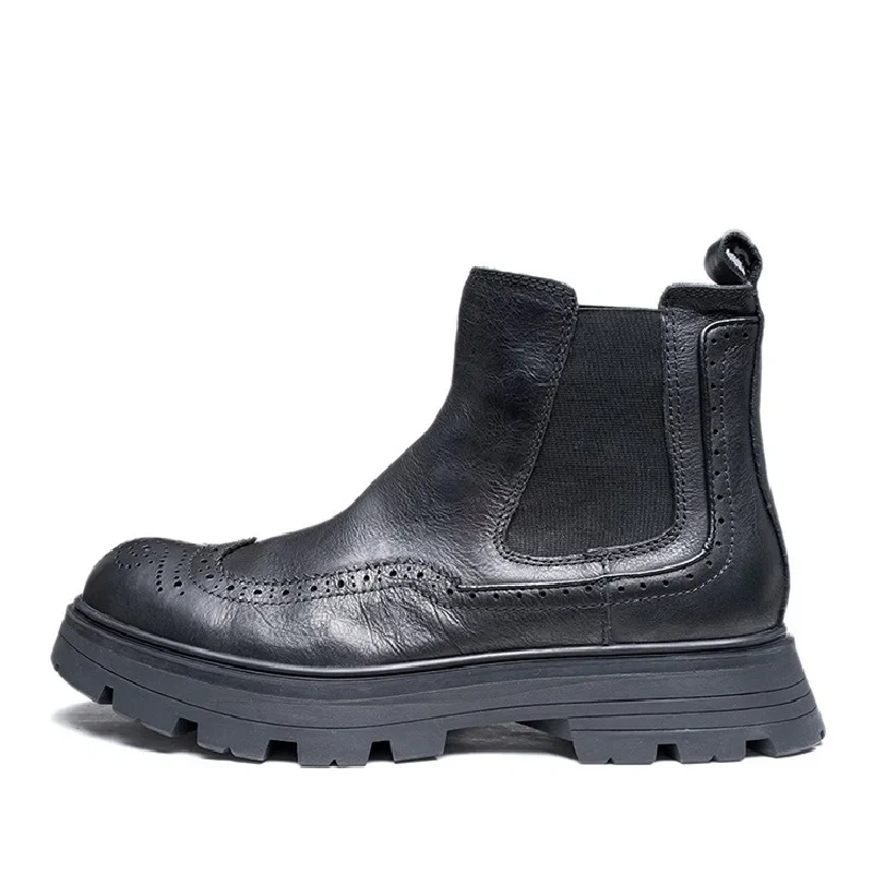 Spring Autumn New British Style Retro Chunky Bottom Platform Slip-On Genuine Leather Men Ankle Short Brogue Chelsea Boots 2307