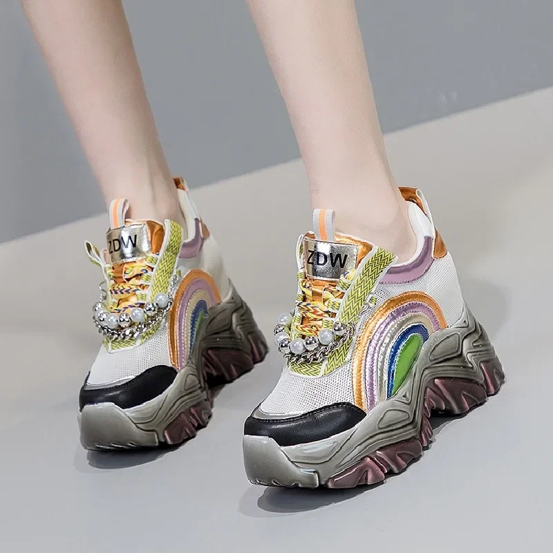 Spring Autumn New Slim Height Increasing Platform Rainbow Colors String Bead Mesh Genuine Leather Women Casual Shoes Sneakers