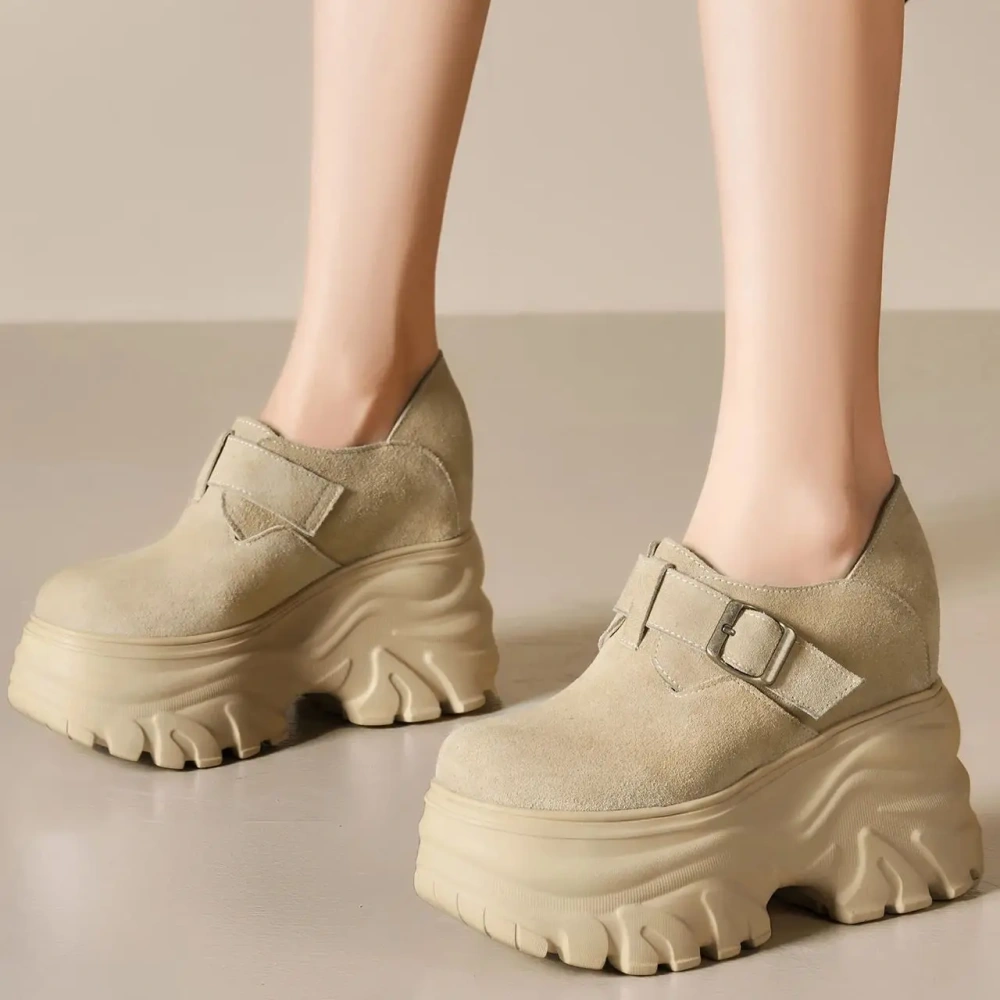 Women 12 CM Wdege Heel Genuine Nubuck Leather Shoes Metal Buckles Retro Platform Spring Autumn New Loafers Shoes 50221