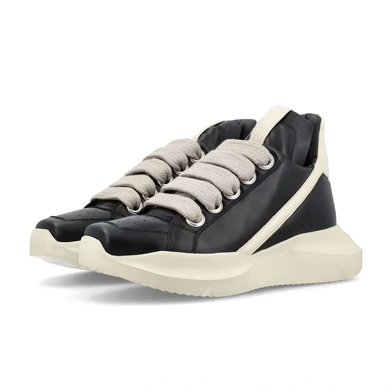 Spring Autumn New Leisure Chunky Bottom Sewing Cross-tied Genuine Leather Men High Top Sneakers Male Casual Board Shoes 2312