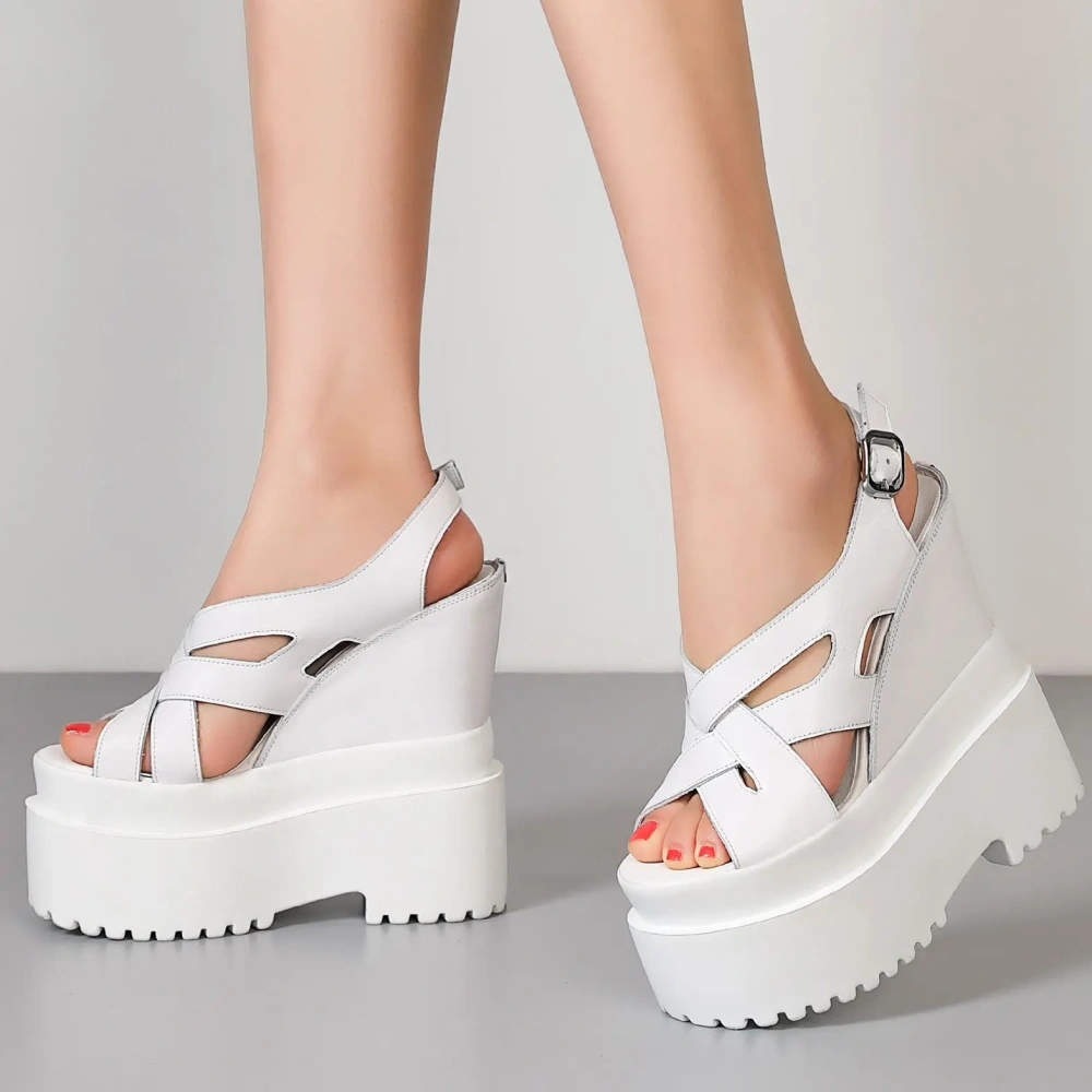 Summer New Retro Super High Wedges Heels Platform Peep Toe Cross-tied Buckle Strap Genuine Leather Women Gladiator Sandals 2305