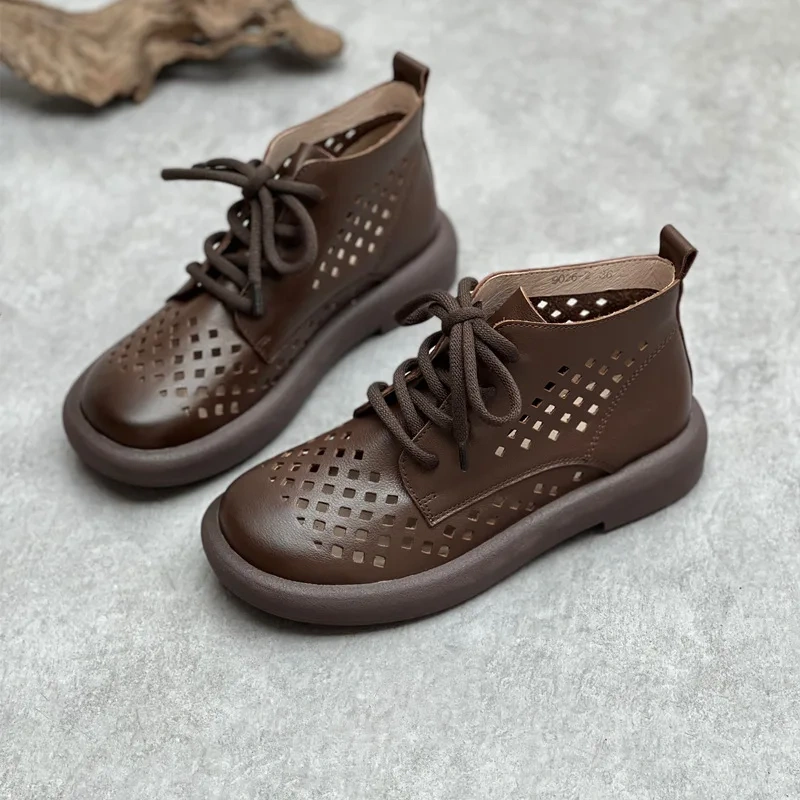 Summer New Arrival Fashion Chunky Bottom Hollow Cut Out Sewing Cross-tied Genuine Leather Women Ankle Short Modern Boots 2304