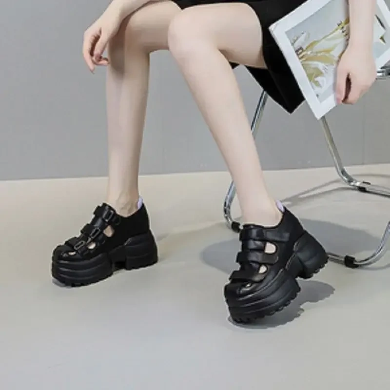 Summer New Arrival Fashion Slim Height Increasing Platform Cut Out Narrow Band Genuine Leather Women Modern Sandals 2305