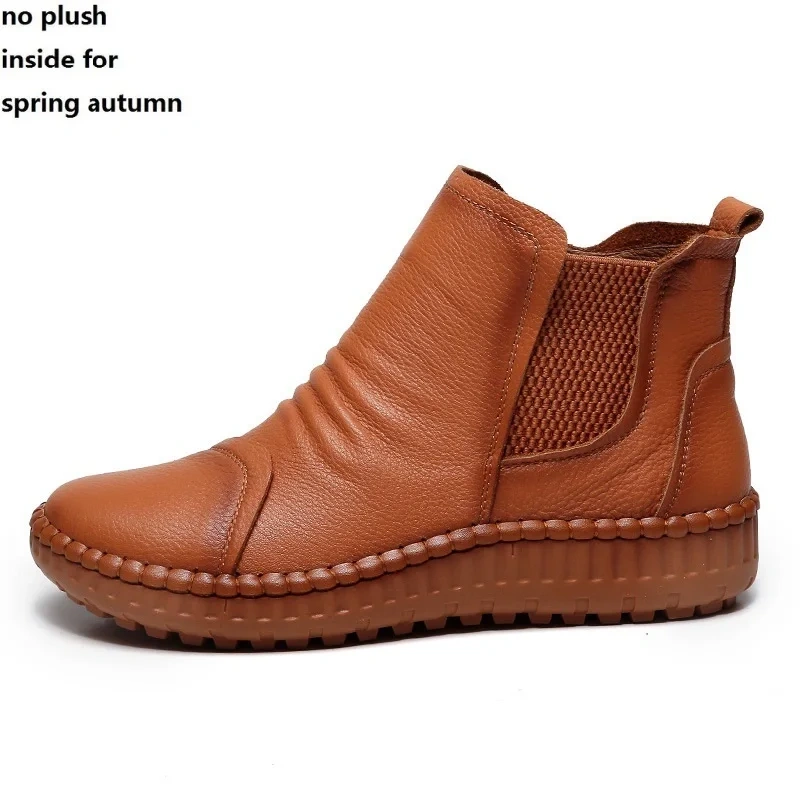Spring Autumn New Retro Chunky Sole Sewing Genuine Leather Zipper Women Ankle Short Chelsea Boots Winter Plush Inside 41225
