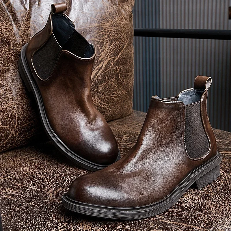 Spring Autumn New British Style Retro Thick Heels Sewing Slip-On Genuine Leather Men Ankle Short Chelsea Boots Winter Plush 2307