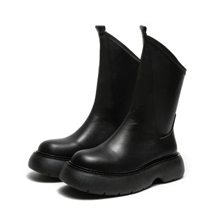Spring Autumn New British Concise Style Chunky Sole Sewing Genuine Leather Slip-On Men High Top Mid-Calf Motorcycle Boots 41210