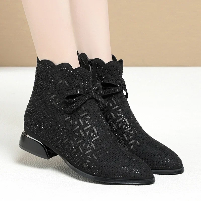 Spring Autumn Women New Arrival Pointed Toe Cut Out Square Heels Pumps Rhinestone Butterfly-knot Breathable Short Boots 230308