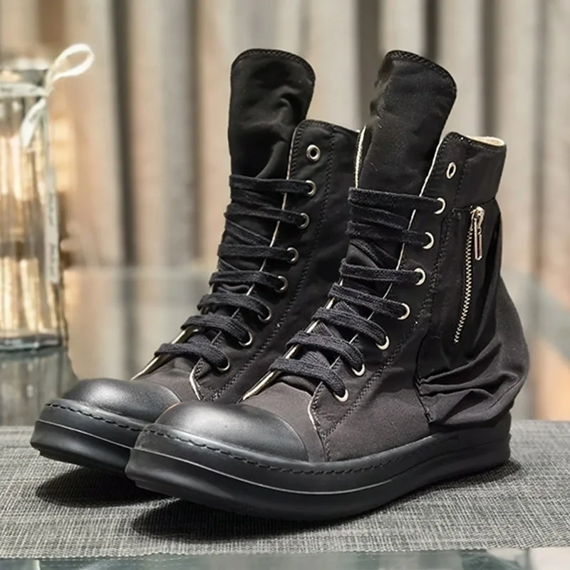 Spring Autumn New Leisure Chunky Bottom Platform Cross-tied Pockets Canvas Men Mid-Calf High Top Outdoor Boots Sneakers 2311