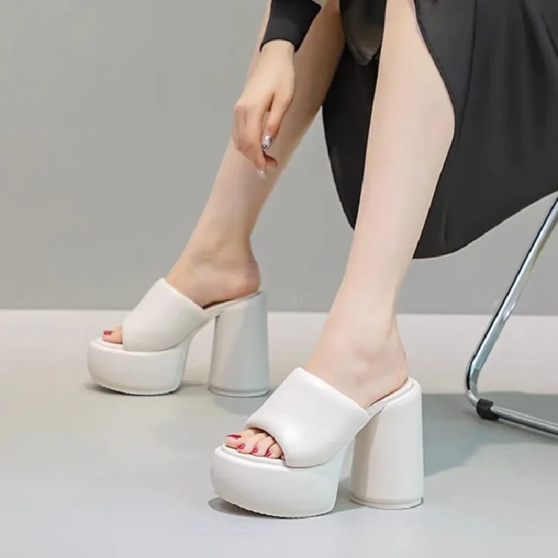 Summer New Outside Sexy Slim 13CM Super High Heels Platform Peep Toe Bling Cut Out Genuine Leather Women Modern Rome Slippers