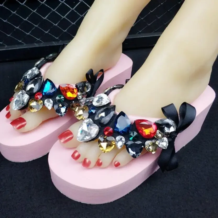 Summer New Fashion Wedges Clip Toe Cut-outs Bowknot Platform Crystal Rhinestone Plus Size 41 42 Mixed Colors Women Flip-flops
