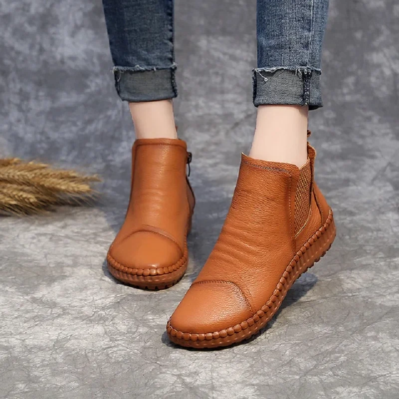 Spring Autumn New Retro Chunky Sole Sewing Genuine Leather Zipper Women Ankle Short Chelsea Boots Winter Plush Inside 41225