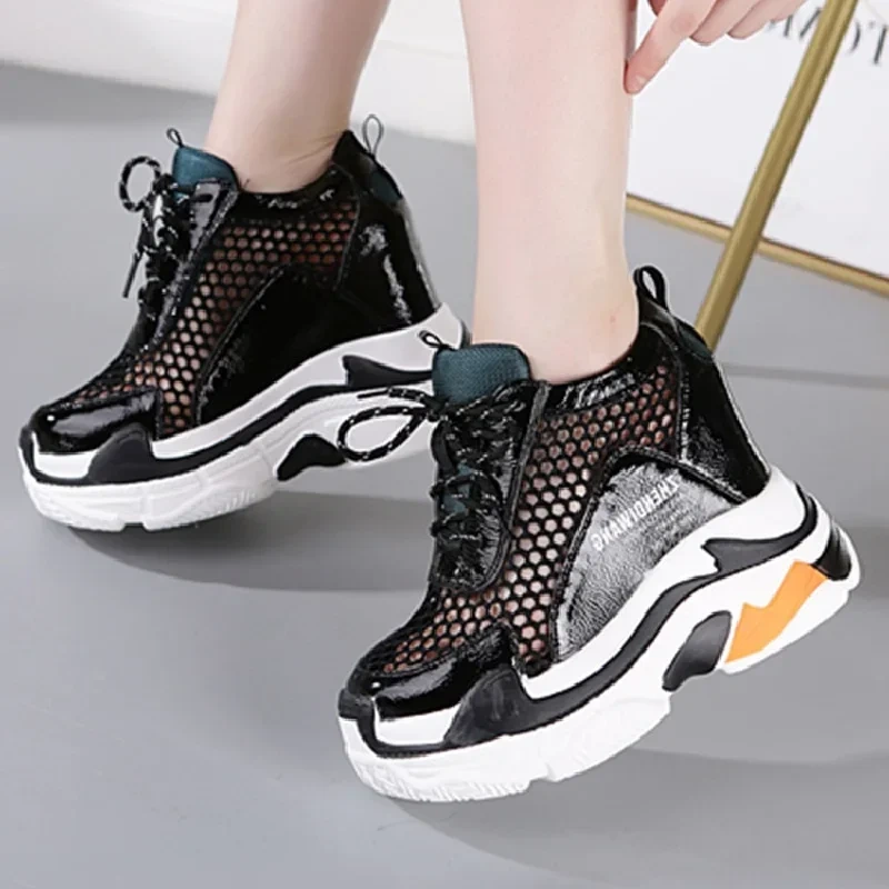 Summer New Korean Style Slim Height Increasing Platform Hollow Mesh Genuine Leather Lace-Up Women Casual Shoes Ladies Sandals