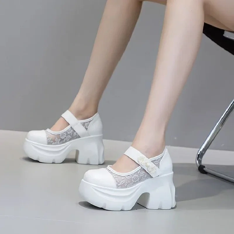 Spring Autumn New Retro Super High Heels Platform Shallow Buckle Embroidery Mesh Genuine Leather Women Casual Shoes 2411