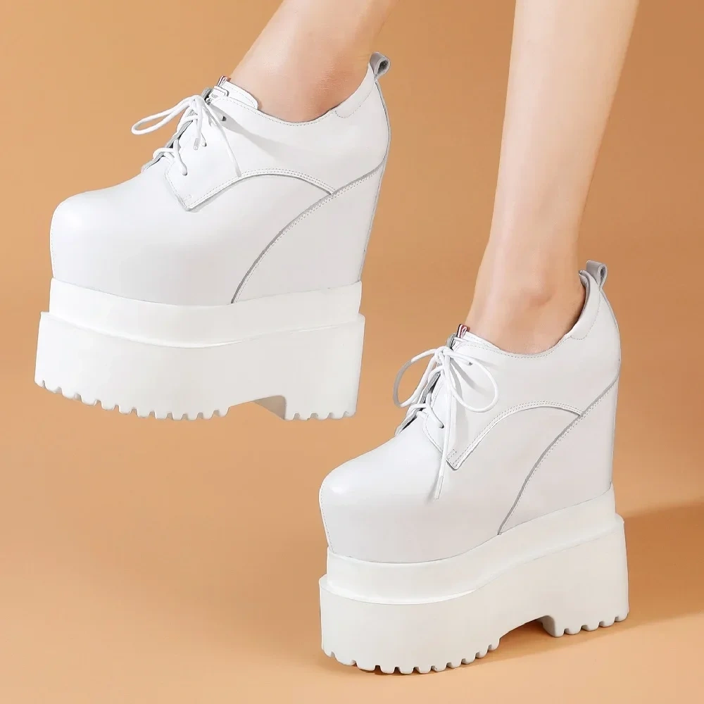Spring Autumn New Slim 18 CM High Heels Height Increasing Platform White Lace-Up Genuine Leather Women Modern Pumps 2505