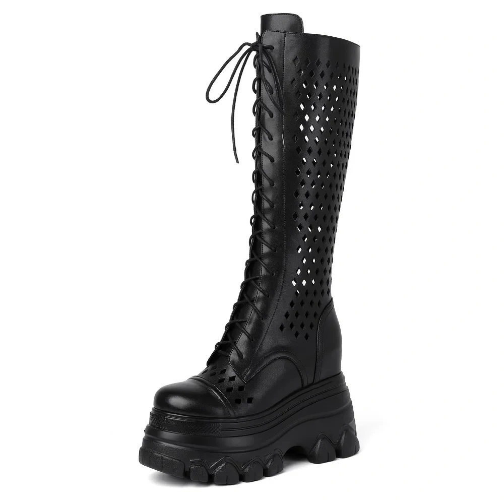 Summer New Slim Height Increasing Platform Hollow Cross-tied Genuine Leather Zipper Women Knee-High Long Modern Boots 2411