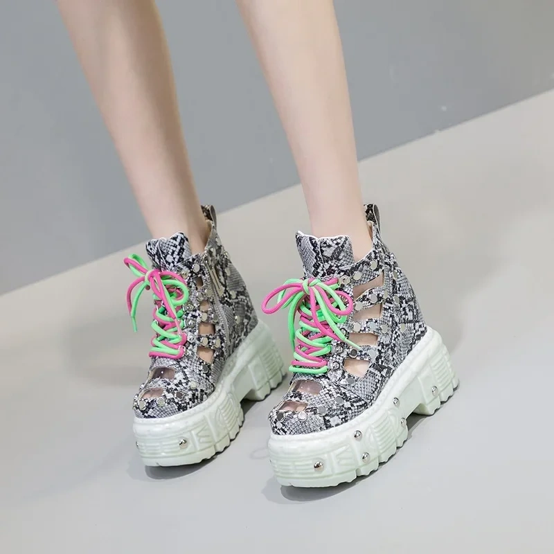 Summer New Slim Height Increasing Platform Wedges Snake Print Cut out Genuine Leather Women Ankle Short Modern Sandal Boots