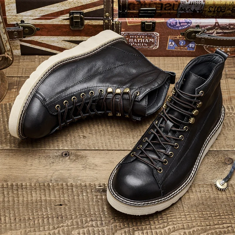 Spring Autumn New British Style Leisure Chunky Genuine Leather Men Ankle Short Work Boots Winter Plush Retro Handmade Shoes