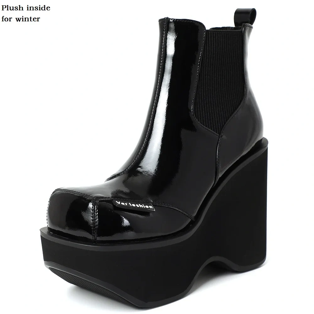 Spring Autumn Winter New British Style Slim 12CM High Heels Wedges Platform Slip-On Cow Leather Women Ankle Short Chelsea Boots