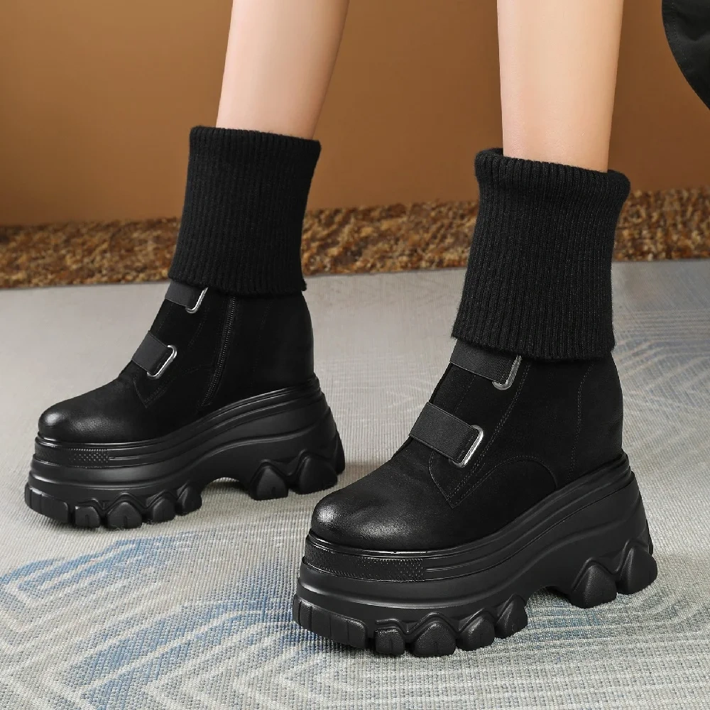 Winter New Slim 12 CM High Heels Height Increasing Platform Plush Inside Knitting Genuine Leather Women Mid-Calf Modern Boots