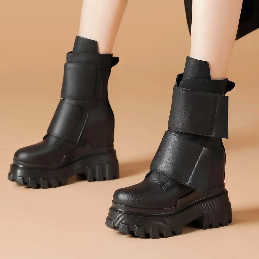Spring Autumn New Retro Slim Height Increasing Platform Wedges Genuine Leather Women Mid-Calf Modern Boots Winter Plush 2501